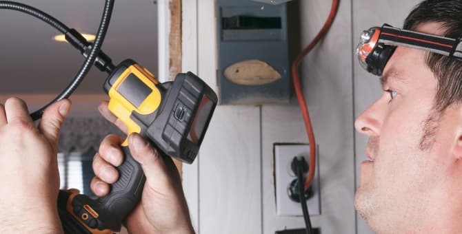 A close-up of a repair person taking a reading from an airduct, with a handheld tool